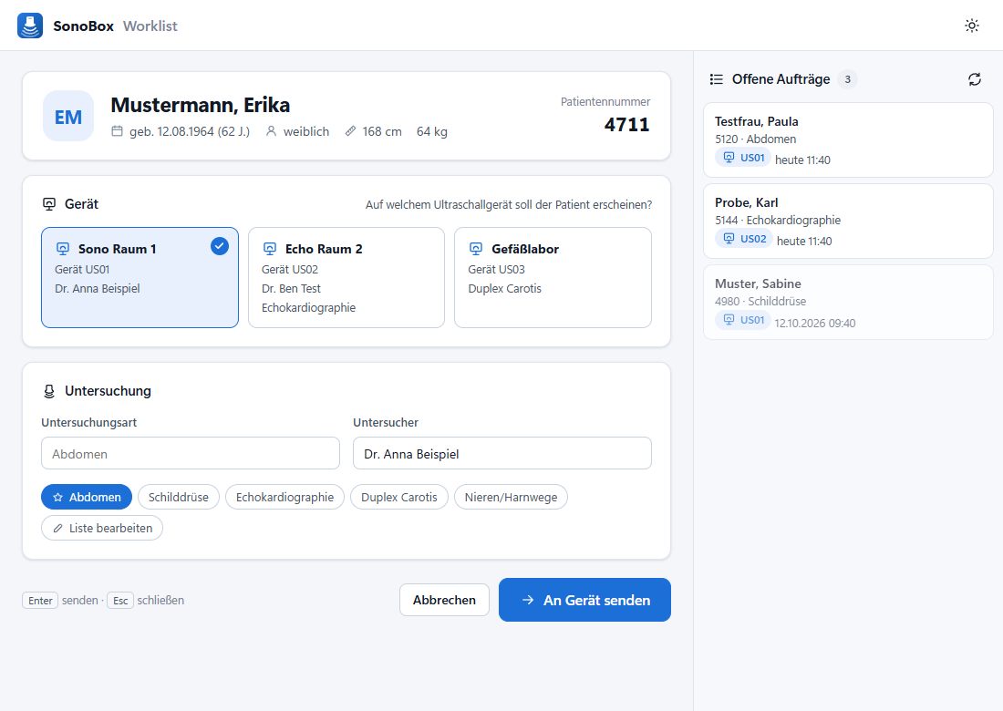 Worklist: Patient aus der Praxissoftware, Gerät und Untersuchungsart wählen